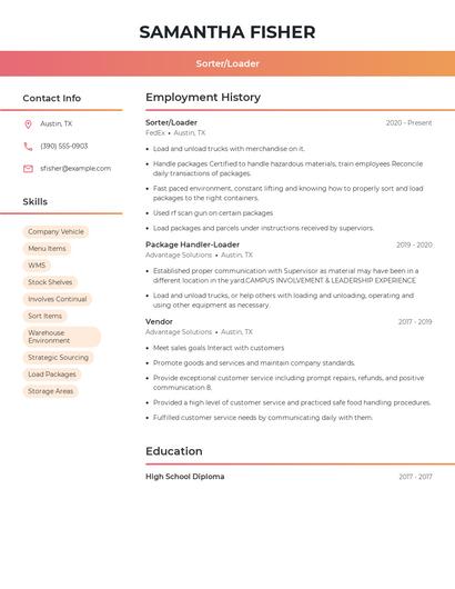 Sorter/Loader Resume