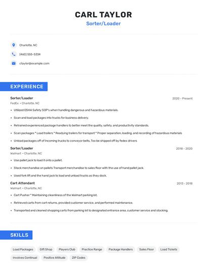 Sorter/Loader Resume
