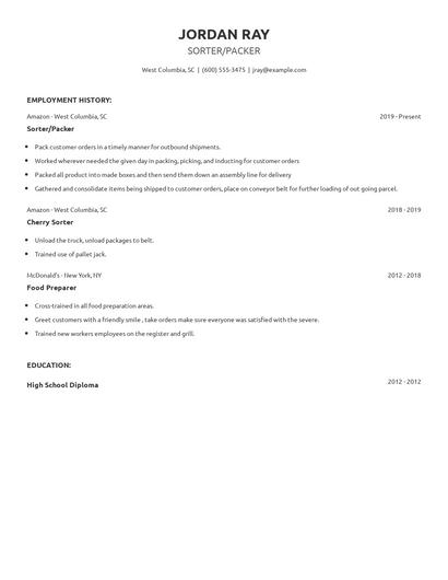 Sorter/Packer Resume