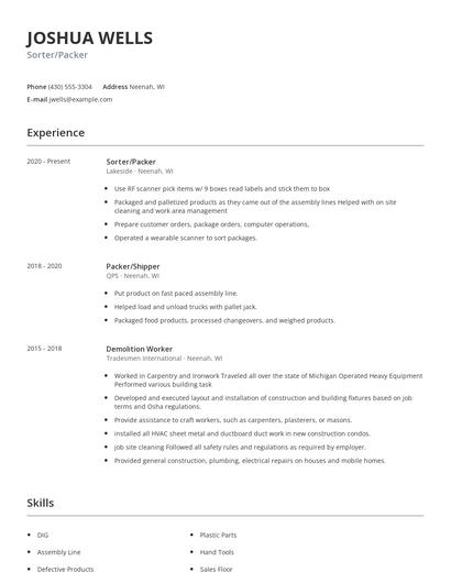 Sorter/Packer Resume