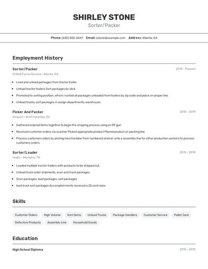 Sorter/Packer Resume