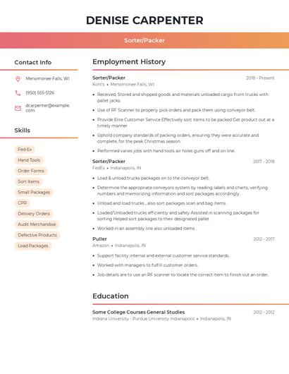 Sorter/Packer Resume
