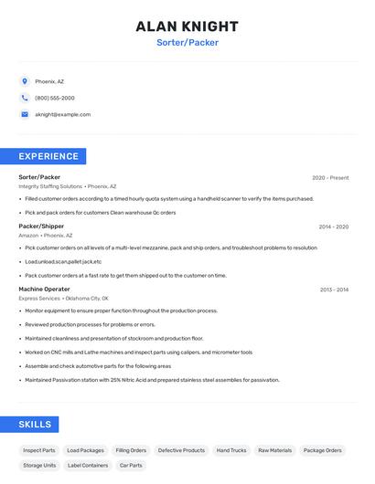 Sorter/Packer Resume