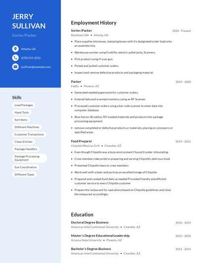 Sorter/Packer Resume