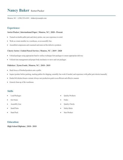 Sorter/Packer Resume