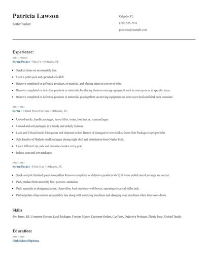 Sorter/Packer Resume