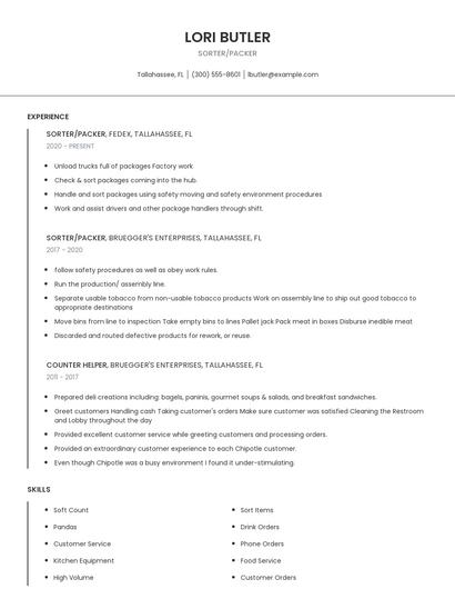 Sorter/Packer Resume
