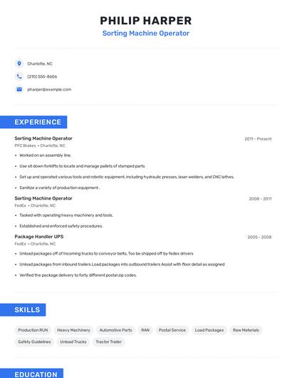 Sorting Machine Operator Resume