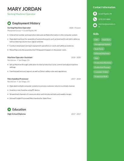 Sorting Machine Operator Resume