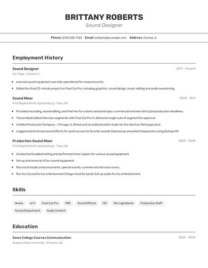 Sound Designer Resume