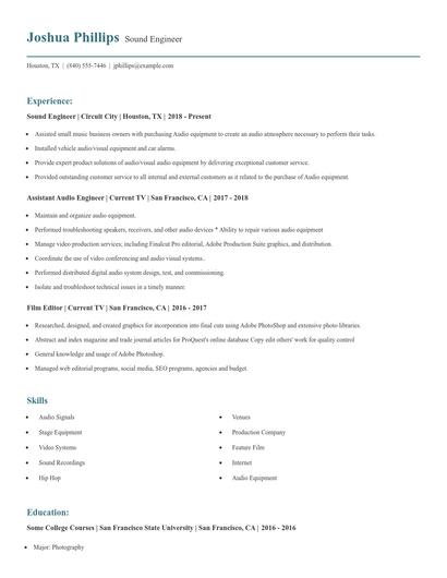 Sound Engineer Resume
