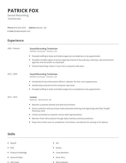 Sound Recording Technician Resume