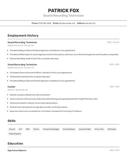 Sound Recording Technician Resume