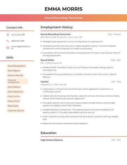 Sound Recording Technician Resume