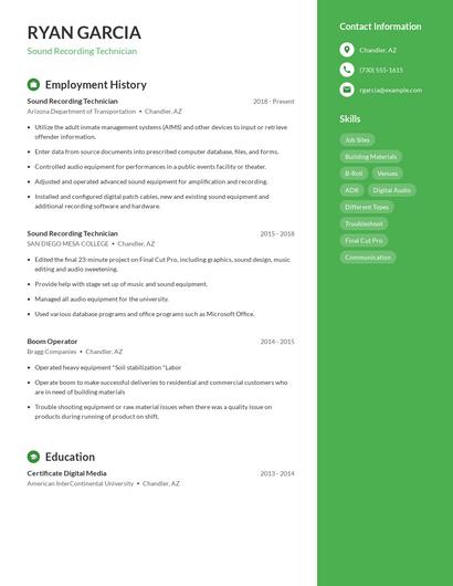 Sound Recording Technician Resume
