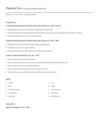 Sound Recording Technician Resume