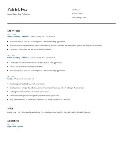 Sound Recording Technician Resume