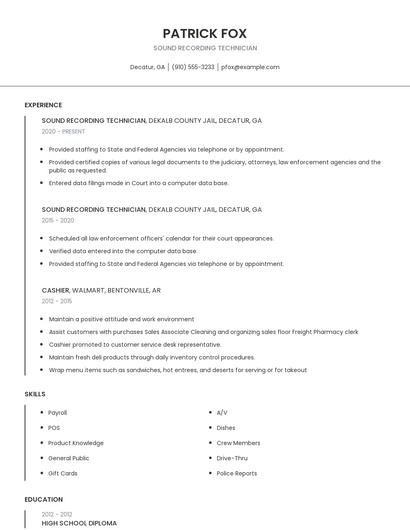 Sound Recording Technician Resume