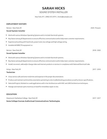 Sound System Installer Resume
