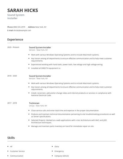 Sound System Installer Resume