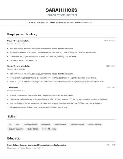 Sound System Installer Resume