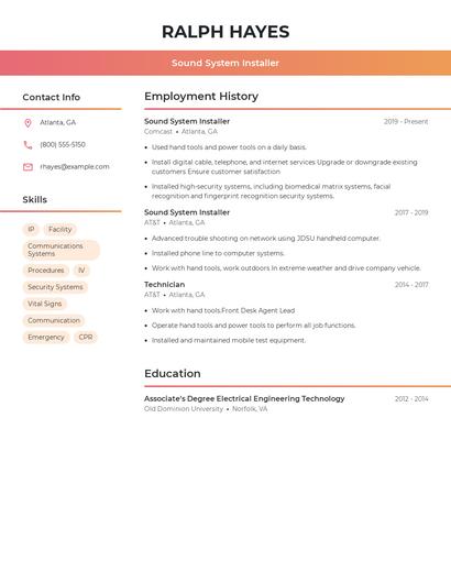 Sound System Installer Resume