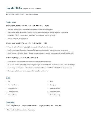 Sound System Installer Resume