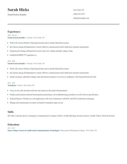 Sound System Installer Resume