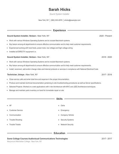 Sound System Installer Resume