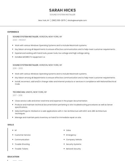 Sound System Installer Resume