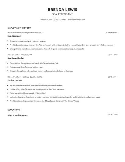 Spa Attendant Resume