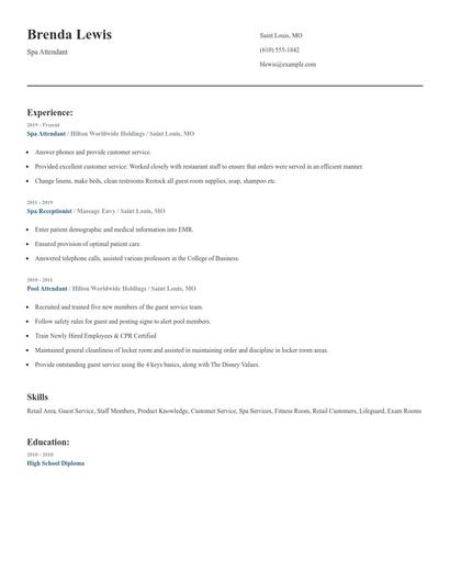 Spa Attendant Resume