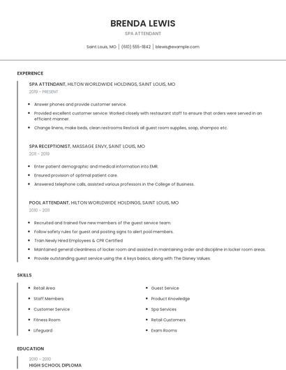 Spa Attendant Resume