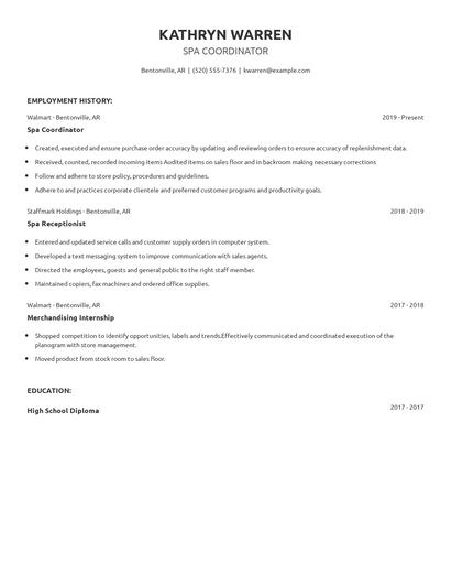 Spa Coordinator Resume