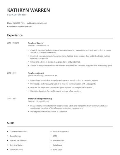 Spa Coordinator Resume