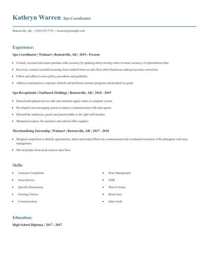 Spa Coordinator Resume