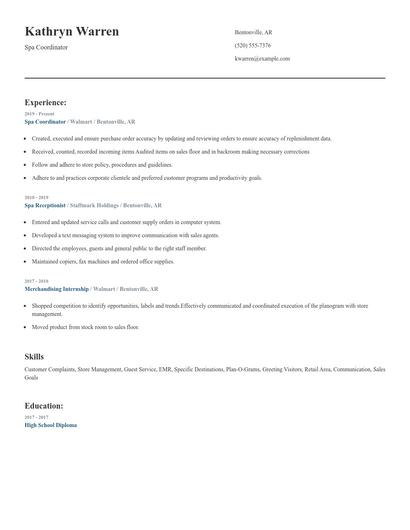 Spa Coordinator Resume
