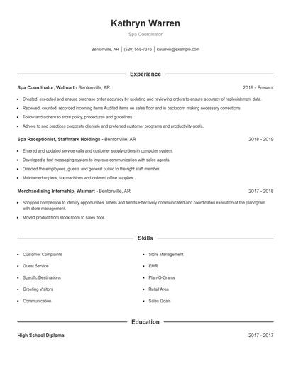 Spa Coordinator Resume