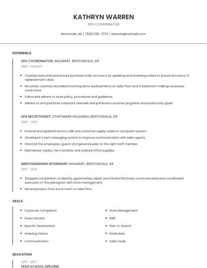 Spa Coordinator Resume