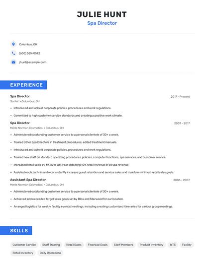 Spa Director Resume