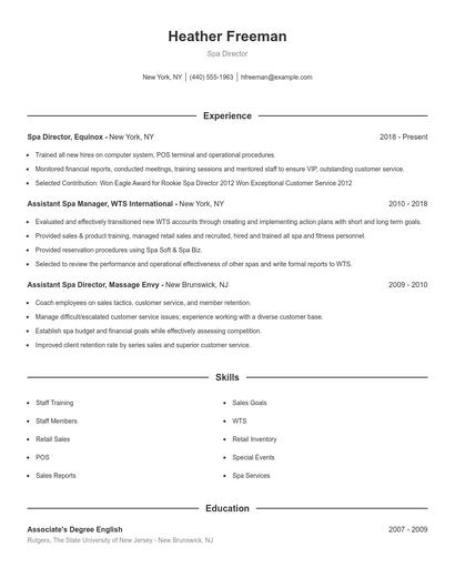 Spa Director Resume