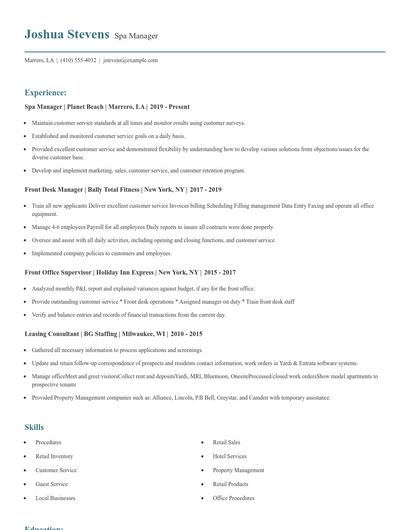 Spa Manager Resume