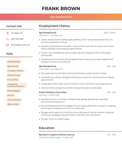 Spa Receptionist Resume