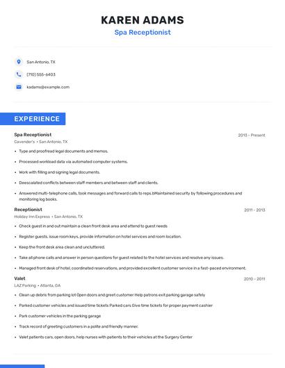 Spa Receptionist Resume