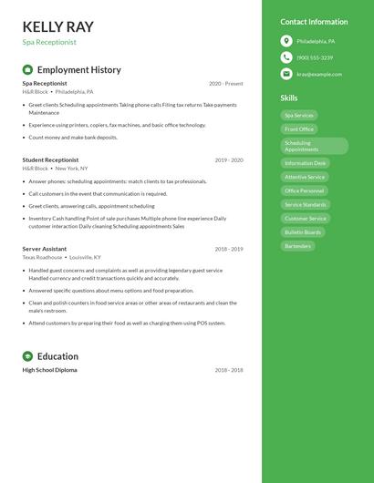 Spa Receptionist Resume