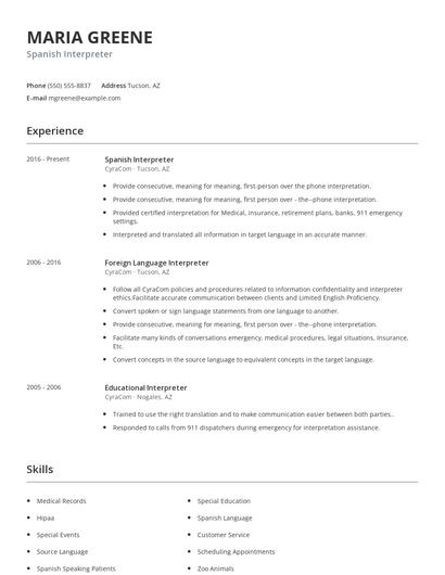 Spanish Interpreter Resume