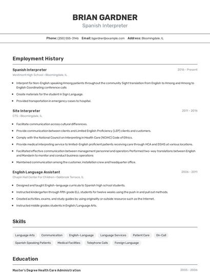 Spanish Interpreter Resume