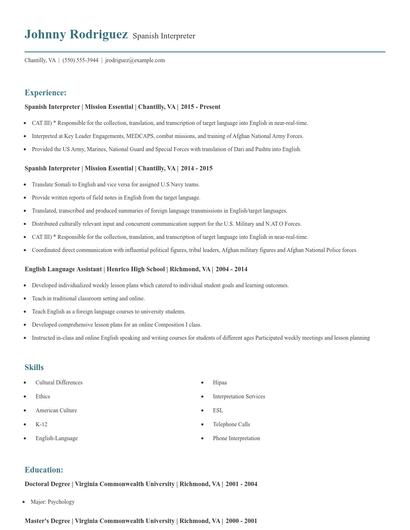 Spanish Interpreter Resume
