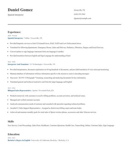 Spanish Interpreter Resume