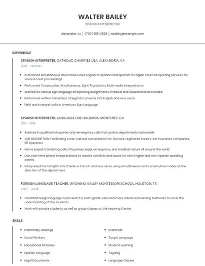 Spanish Interpreter Resume